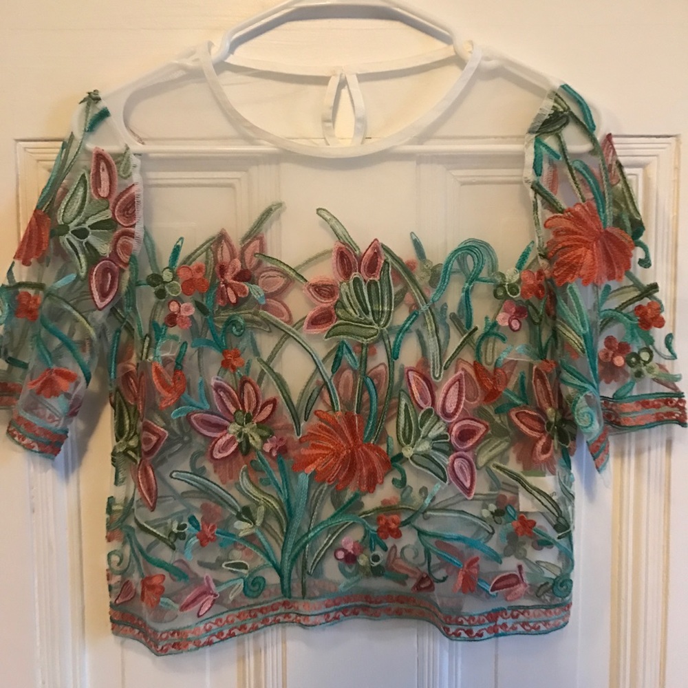 SheIn Flower Embroidered Sheer Top